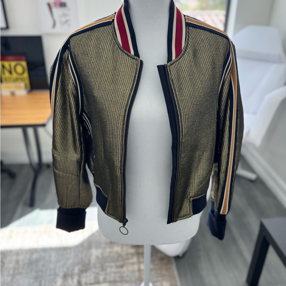 BCBGMaxAzria Metallic Gold Bomber Jacket with Navy & Red Trim